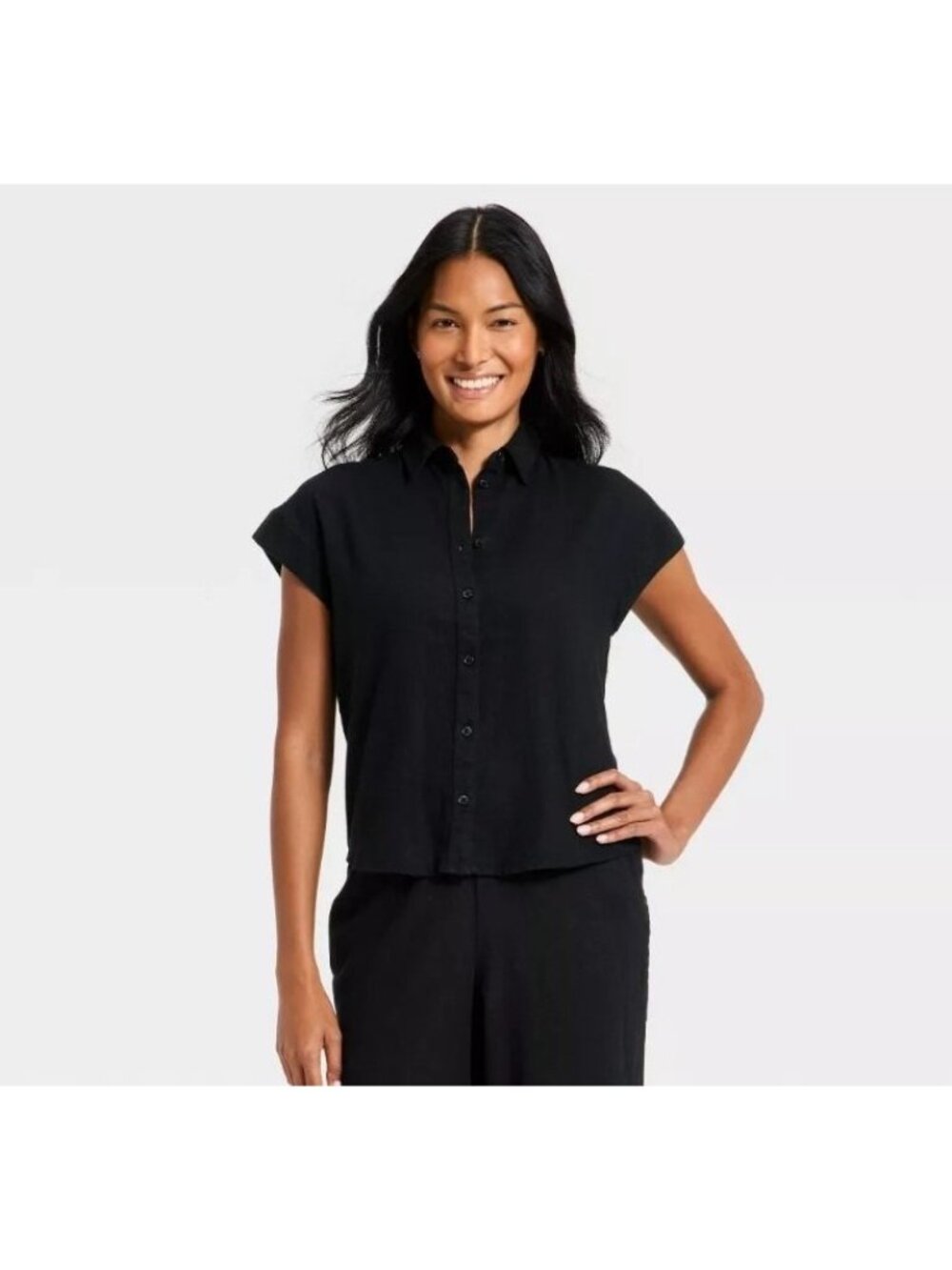 A New Day Women's Black Linen Blend Button Front Shirt Top Cap Sleeve Size XXL